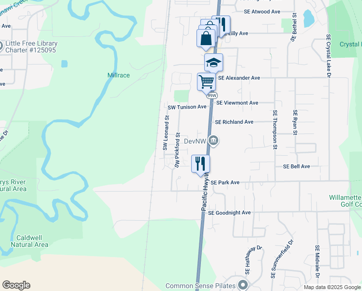 map of restaurants, bars, coffee shops, grocery stores, and more near 2567 Southwest Pickford Street in Corvallis