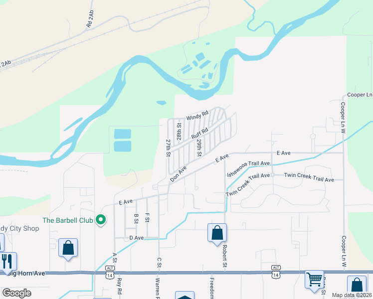 map of restaurants, bars, coffee shops, grocery stores, and more near 2901 E Avenue in Cody