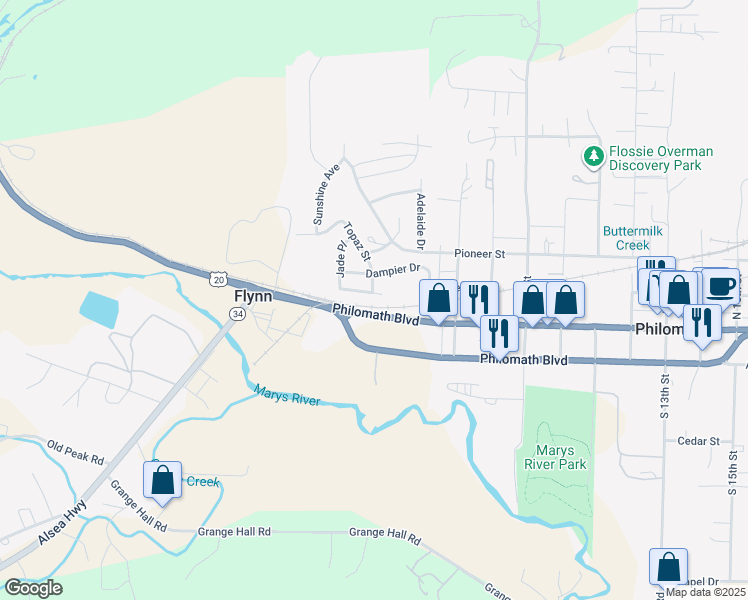 map of restaurants, bars, coffee shops, grocery stores, and more near 436 College Street in Philomath