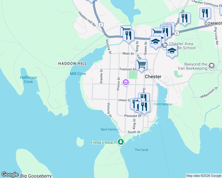 map of restaurants, bars, coffee shops, grocery stores, and more near 130 Victoria Street in Chester