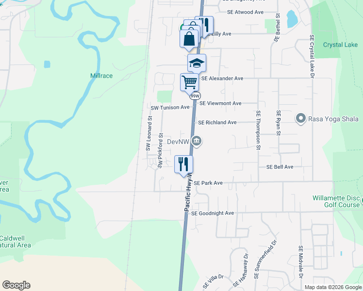 map of restaurants, bars, coffee shops, grocery stores, and more near 2580 Southwest 3rd Street in Corvallis