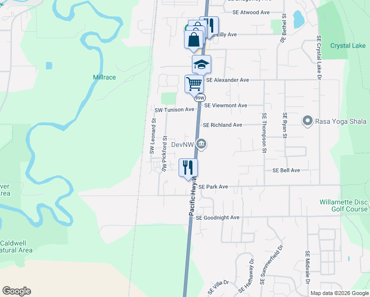map of restaurants, bars, coffee shops, grocery stores, and more near 2580 Southwest 3rd Street in Corvallis