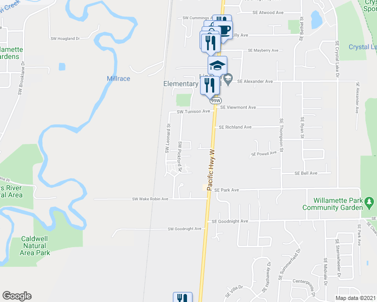 map of restaurants, bars, coffee shops, grocery stores, and more near 2563 Southwest Pickford Street in Corvallis