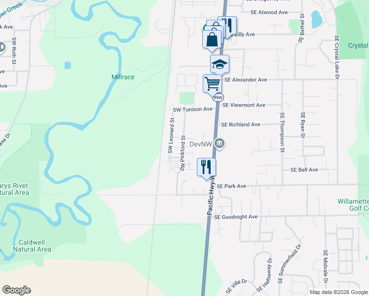 map of restaurants, bars, coffee shops, grocery stores, and more near 2563 Southwest Pickford Street in Corvallis