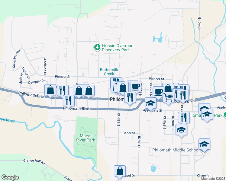 map of restaurants, bars, coffee shops, grocery stores, and more near 139 North 12th Street in Philomath