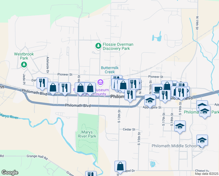 map of restaurants, bars, coffee shops, grocery stores, and more near 139 North 12th Street in Philomath