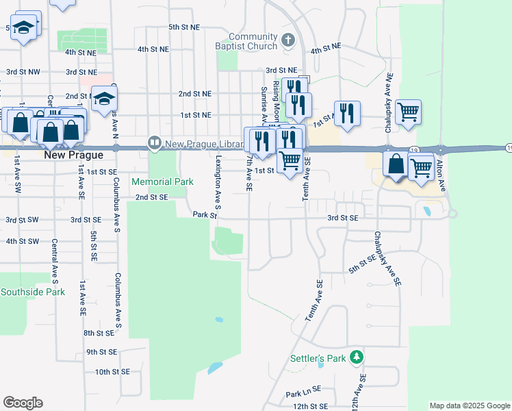 map of restaurants, bars, coffee shops, grocery stores, and more near 310 Fiddler Court Southeast in New Prague
