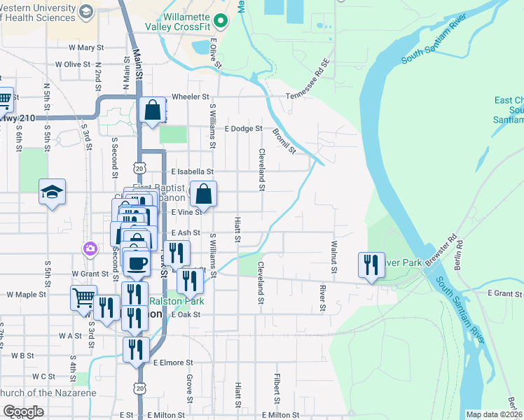 map of restaurants, bars, coffee shops, grocery stores, and more near 491 Cleveland Street in Lebanon