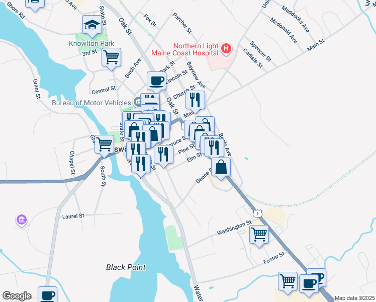map of restaurants, bars, coffee shops, grocery stores, and more near 57 Pine Street in Ellsworth