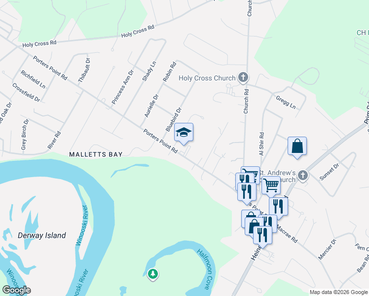 map of restaurants, bars, coffee shops, grocery stores, and more near 490 Porters Point Road in Colchester