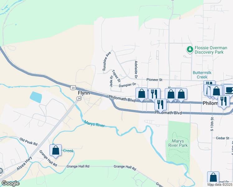 map of restaurants, bars, coffee shops, grocery stores, and more near 436 College Street in Philomath