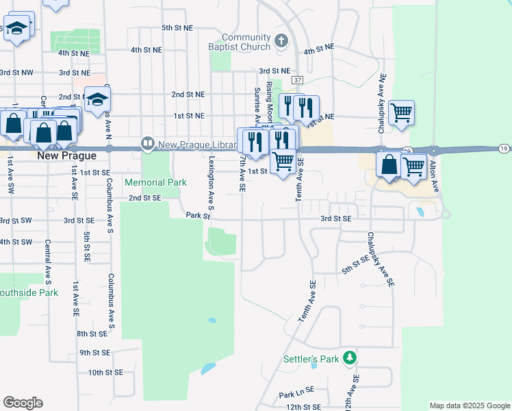 map of restaurants, bars, coffee shops, grocery stores, and more near 310 Fiddler Court Southeast in New Prague