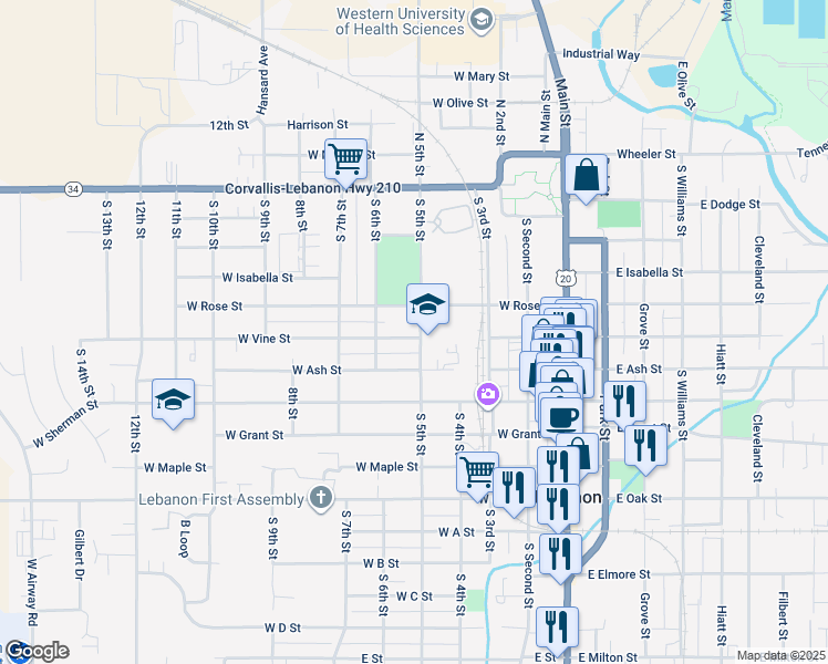 map of restaurants, bars, coffee shops, grocery stores, and more near 492 South 5th Street in Lebanon