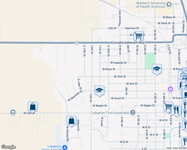 map of restaurants, bars, coffee shops, grocery stores, and more near 1093 West Vine Street in Lebanon