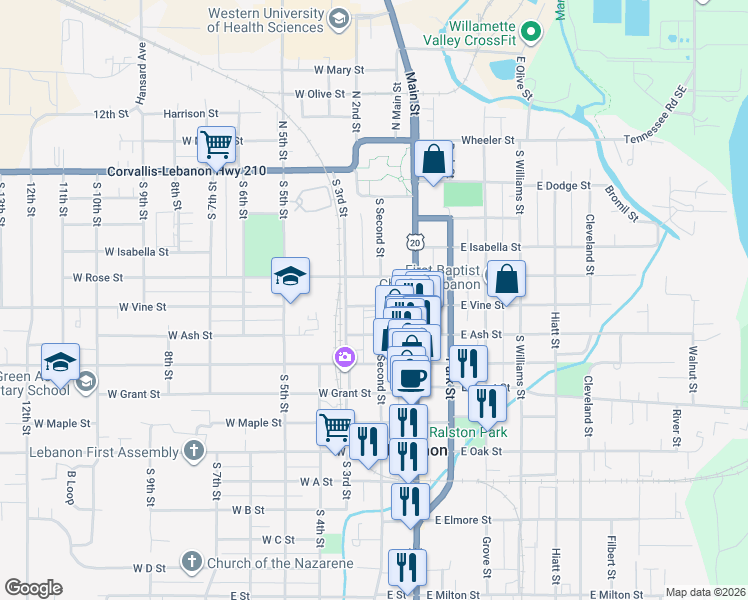 map of restaurants, bars, coffee shops, grocery stores, and more near 488 South Second Street in Lebanon