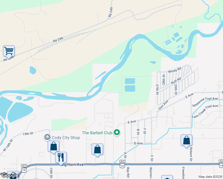map of restaurants, bars, coffee shops, grocery stores, and more near 209 West Rocky Road in Cody