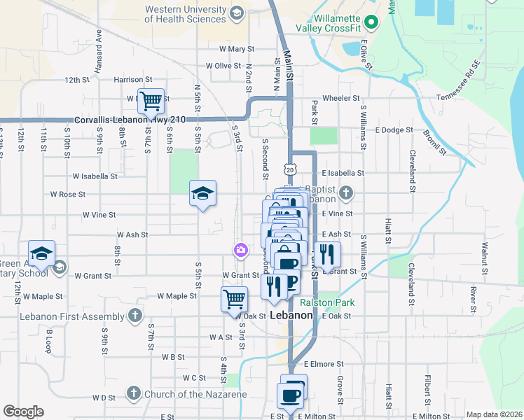 map of restaurants, bars, coffee shops, grocery stores, and more near 488 South Second Street in Lebanon