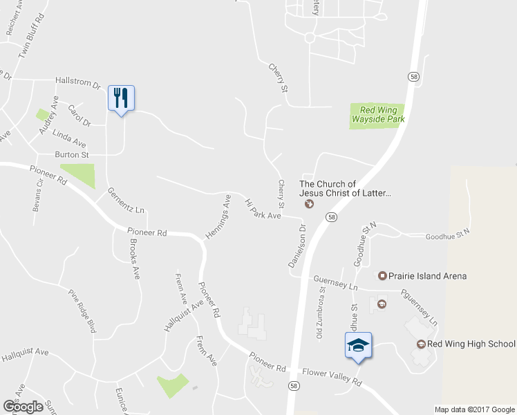 map of restaurants, bars, coffee shops, grocery stores, and more near 640 Hi Park Avenue in Red Wing