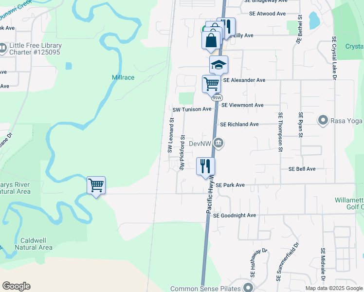 map of restaurants, bars, coffee shops, grocery stores, and more near 2563 Southwest Pickford Street in Corvallis