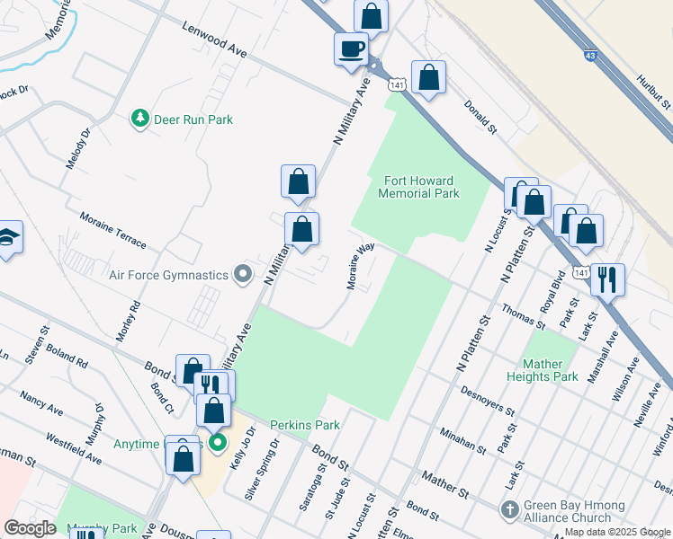 map of restaurants, bars, coffee shops, grocery stores, and more near 1045 Moraine Way in Green Bay