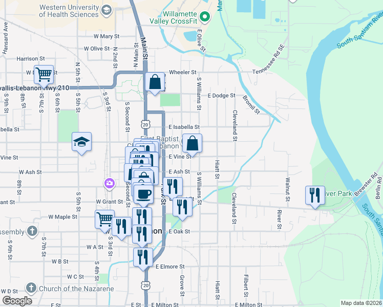 map of restaurants, bars, coffee shops, grocery stores, and more near 317 East Vine Street in Lebanon