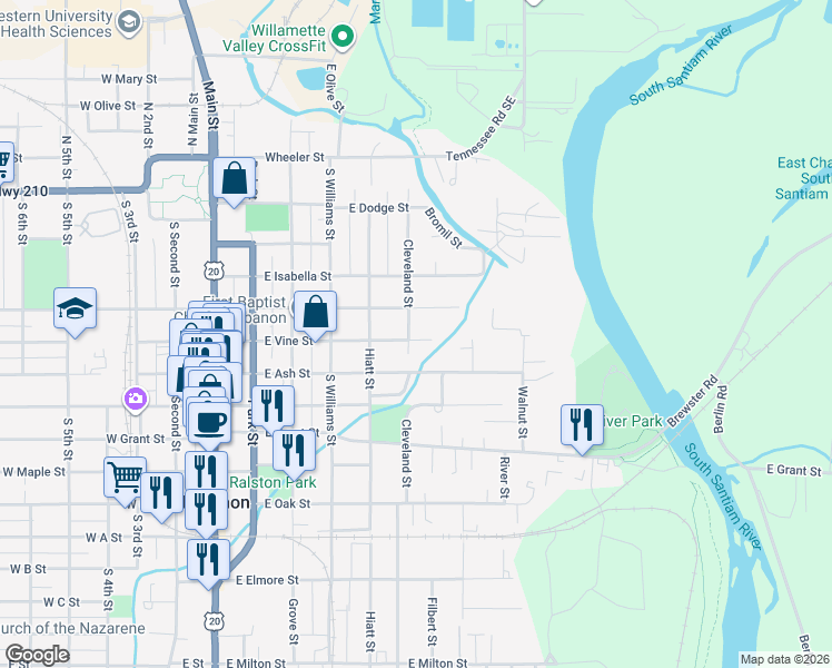 map of restaurants, bars, coffee shops, grocery stores, and more near 491 Cleveland Street in Lebanon