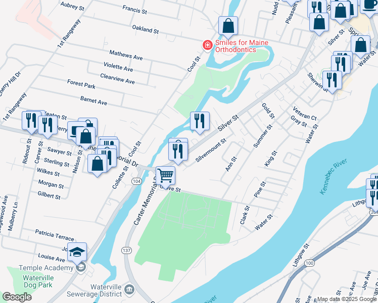 map of restaurants, bars, coffee shops, grocery stores, and more near 158 Silver Street in Waterville