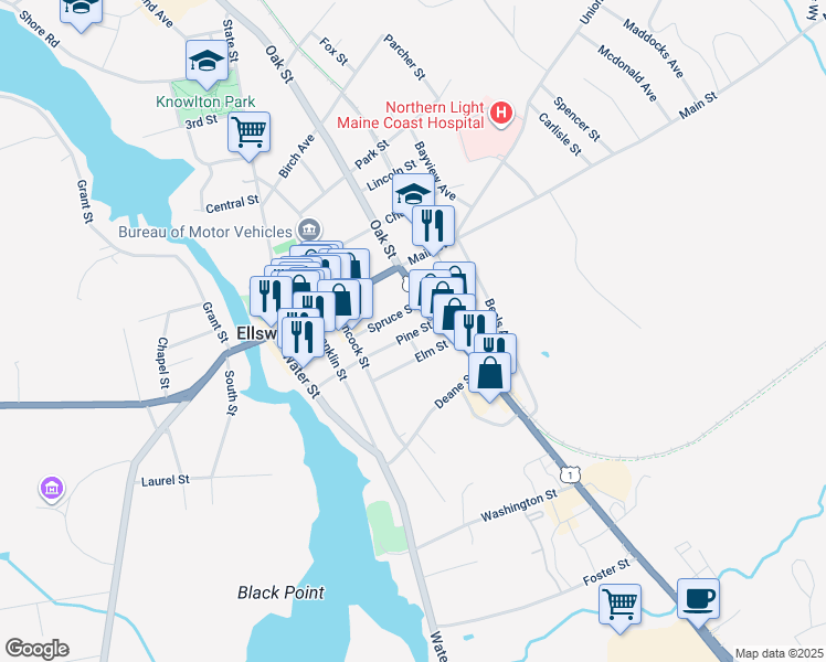 map of restaurants, bars, coffee shops, grocery stores, and more near 57 Pine Street in Ellsworth