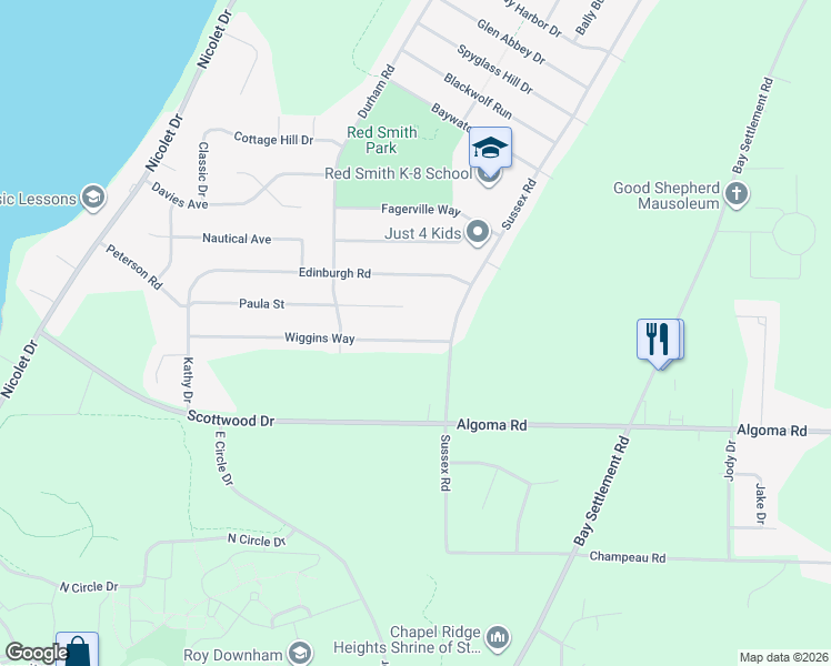 map of restaurants, bars, coffee shops, grocery stores, and more near 3489 Wiggins Way in Green Bay