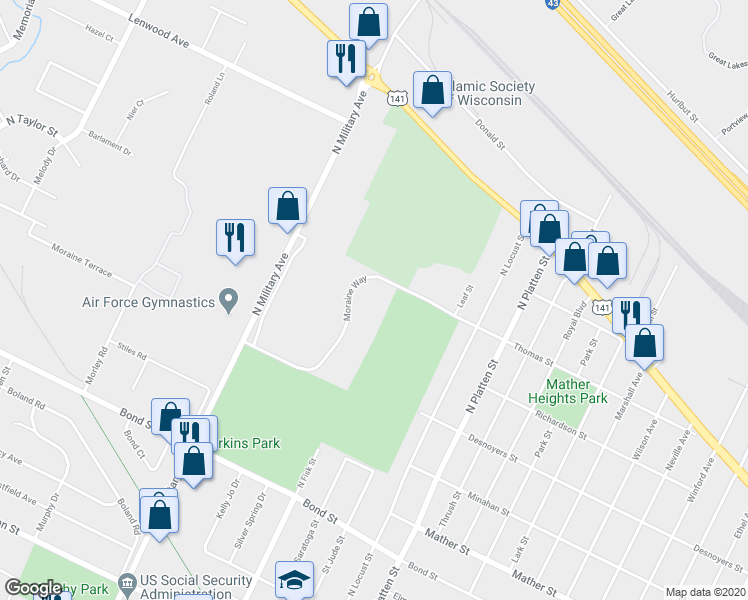 map of restaurants, bars, coffee shops, grocery stores, and more near 1120 Moraine Way in Green Bay