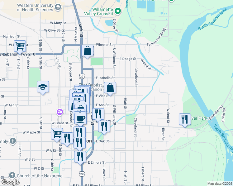 map of restaurants, bars, coffee shops, grocery stores, and more near 317 East Vine Street in Lebanon