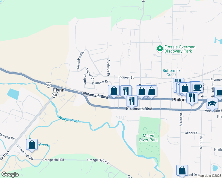 map of restaurants, bars, coffee shops, grocery stores, and more near 600 College Street in Philomath