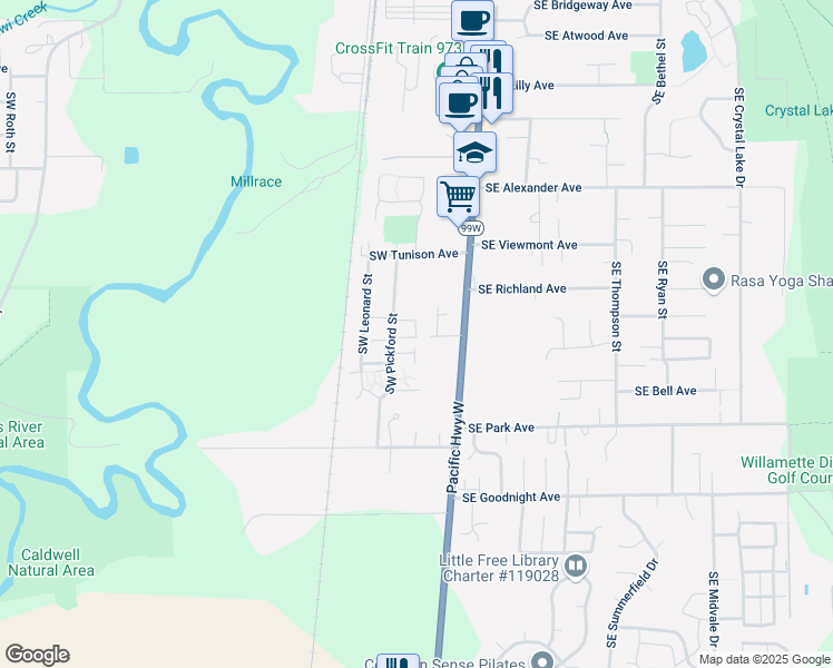 map of restaurants, bars, coffee shops, grocery stores, and more near 2533 Southwest Pickford Street in Corvallis