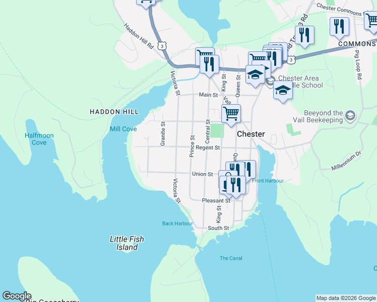 map of restaurants, bars, coffee shops, grocery stores, and more near 57 Prince Street in Chester