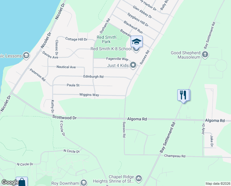 map of restaurants, bars, coffee shops, grocery stores, and more near 3489 Wiggins Way in Green Bay