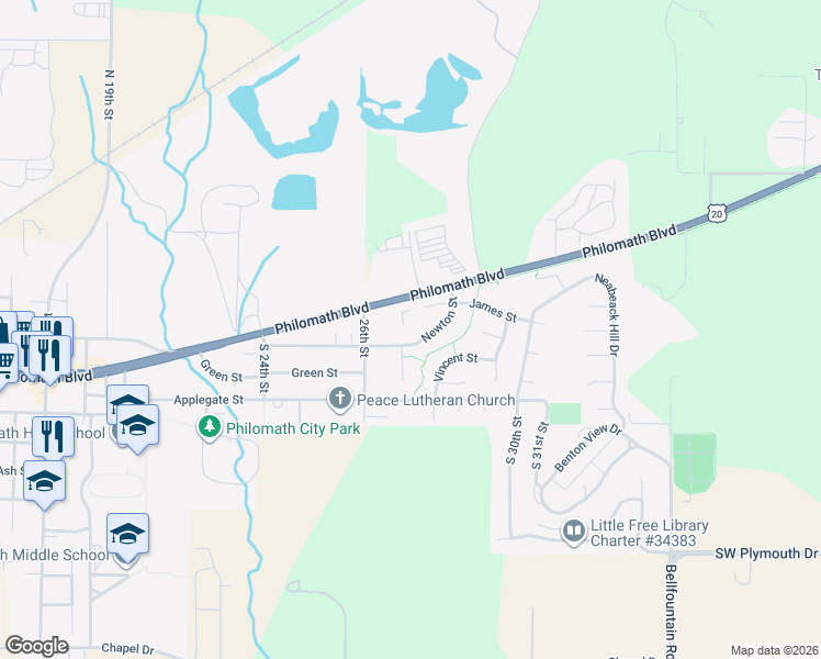 map of restaurants, bars, coffee shops, grocery stores, and more near 2864 Newton Place in Philomath