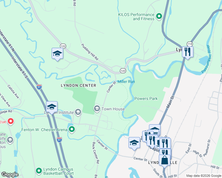 map of restaurants, bars, coffee shops, grocery stores, and more near 109 Center Street in Lyndon