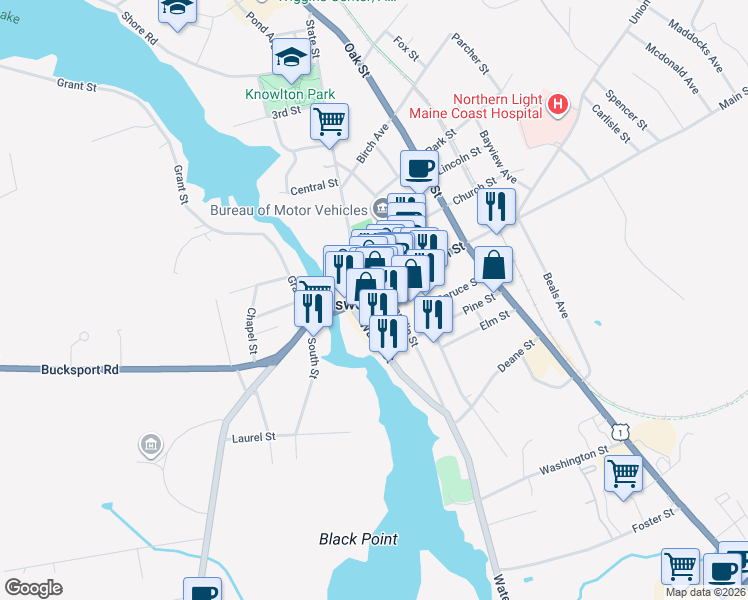 map of restaurants, bars, coffee shops, grocery stores, and more near 93 Main Street in Ellsworth