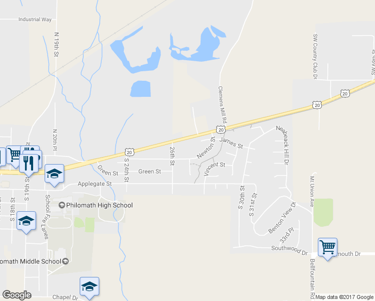 map of restaurants, bars, coffee shops, grocery stores, and more near 2854 Newton Place in Philomath