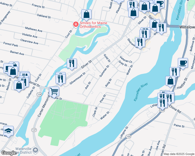 map of restaurants, bars, coffee shops, grocery stores, and more near 67 Summer Street in Waterville