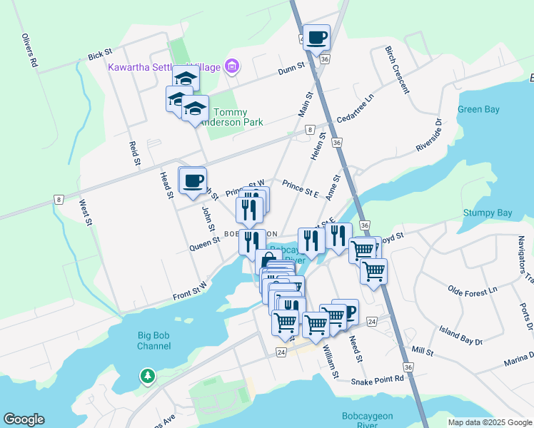 map of restaurants, bars, coffee shops, grocery stores, and more near in Kawartha Lakes