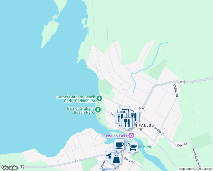 map of restaurants, bars, coffee shops, grocery stores, and more near 99 Louisa Street in Kawartha Lakes