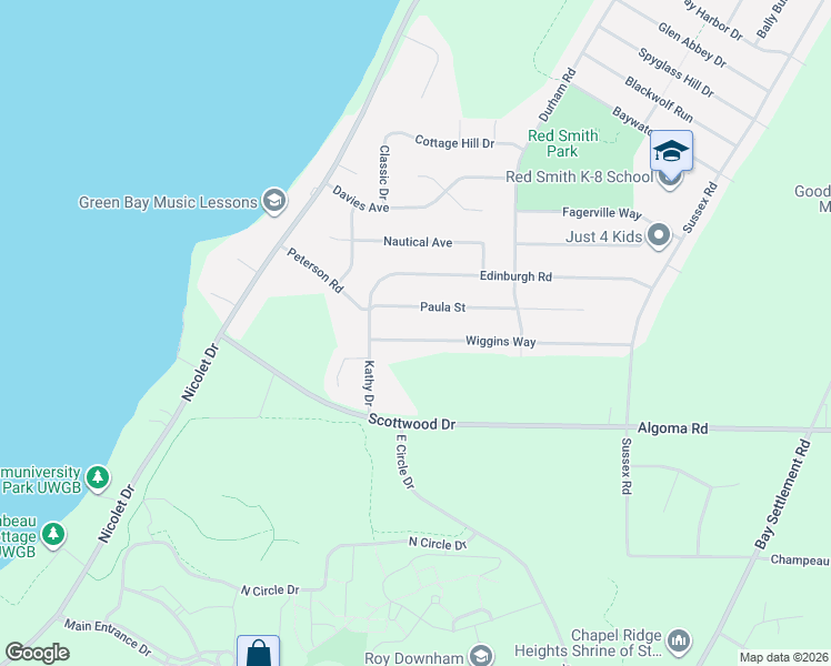 map of restaurants, bars, coffee shops, grocery stores, and more near 3336 Wiggins Way in Green Bay
