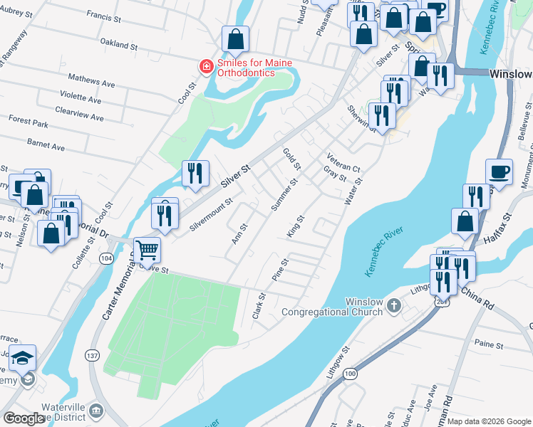 map of restaurants, bars, coffee shops, grocery stores, and more near 67 Summer Street in Waterville