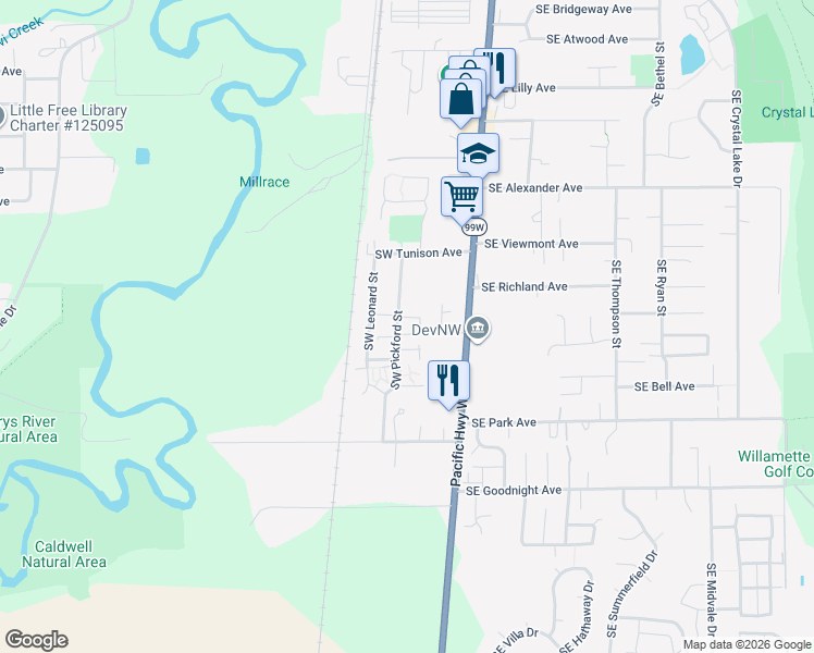 map of restaurants, bars, coffee shops, grocery stores, and more near 2521 Southwest Pickford Street in Corvallis
