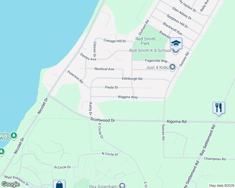 map of restaurants, bars, coffee shops, grocery stores, and more near 3366 Wiggins Way in Green Bay
