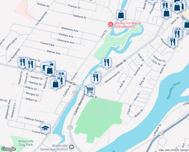 map of restaurants, bars, coffee shops, grocery stores, and more near 167 Silver Street in Waterville
