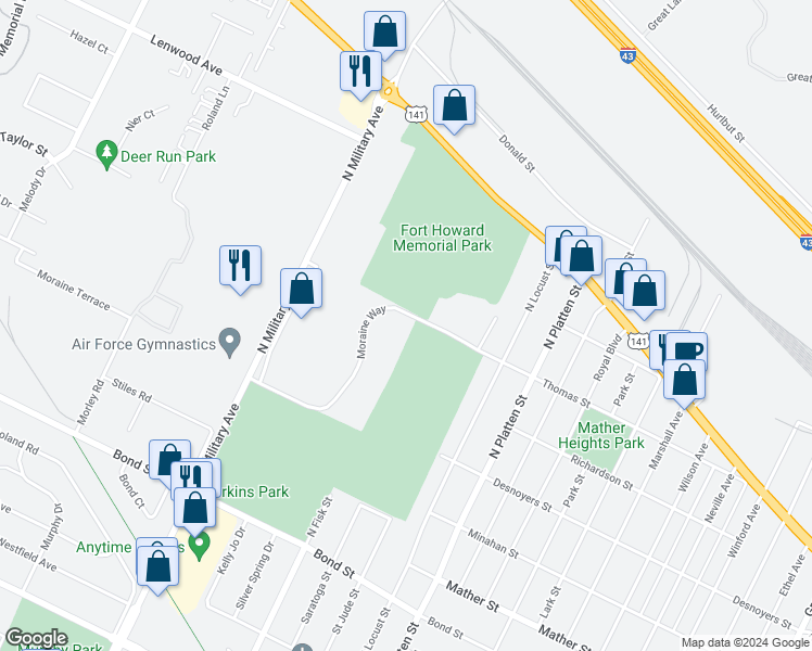 map of restaurants, bars, coffee shops, grocery stores, and more near 1120 Moraine Way in Green Bay
