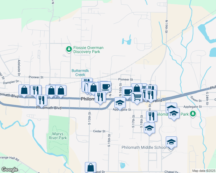 map of restaurants, bars, coffee shops, grocery stores, and more near 208 North 15th Street in Philomath