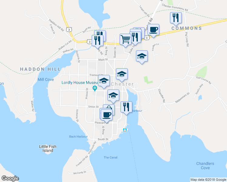 map of restaurants, bars, coffee shops, grocery stores, and more near Queen Street in Chester